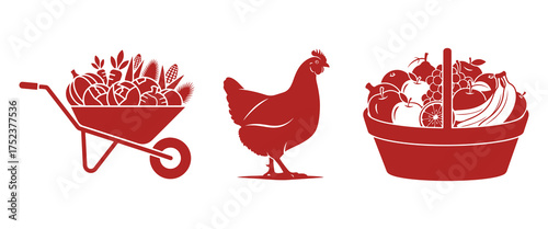 Red Silhouettes of a Wheelbarrow of Produce, Chicken, and Basket of Fruit on White Keywords: wheelbarrow, produce, chicken, basket