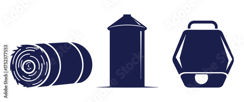 Rural farm objects hay bale silo and cowbell icons on white background agriculture
