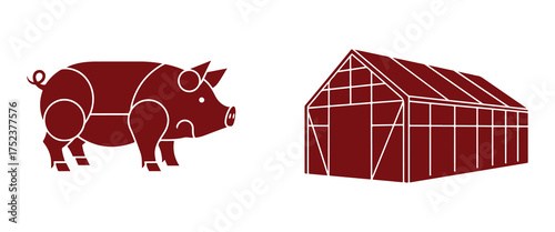 Stylized Pig Carcass Diagram and Greenhouse Icon in Deep Red pork meat