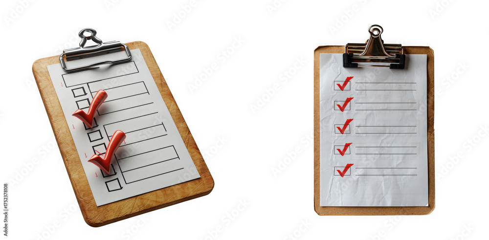 Fototapeta premium Two clipboards with checklists and red check marks, isolated on transparent background