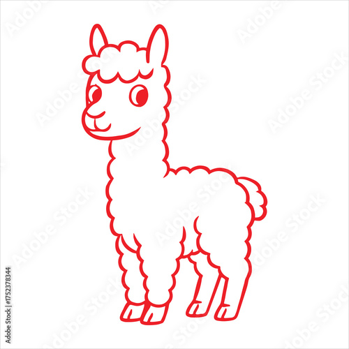 Cute cartoon llama standing profile view silhouette a white background