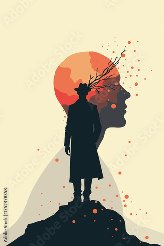 Silhouette of a man with growing branches from head, mental growth and transformation concept, surreal art illustration