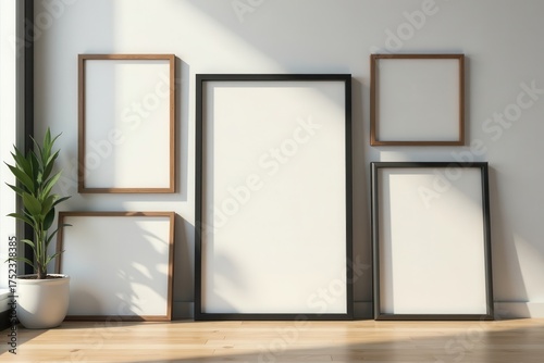 Five empty picture frames, various sizes, arranged attractively , office, set, wall