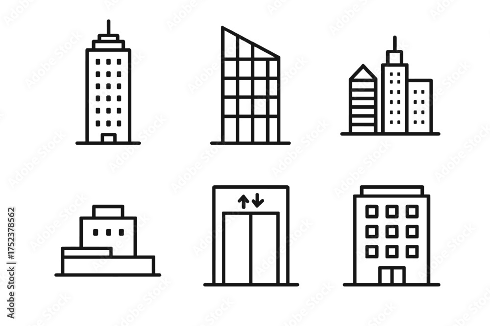 Obraz premium Outline icons of various buildings and structures including skyscrapers and elevator