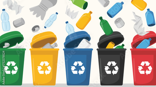 Colorful recycling bins filled with various types of waste and recyclable materials