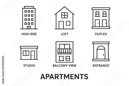 Various apartment types: high rise, loft, duplex, studio, balcony view, entrance