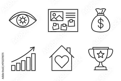 Set of line icons: eye, vision board, money bag, growth chart, house, trophy