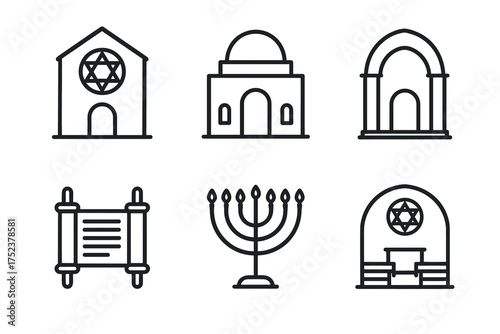 Outline icons of synagogue, scroll, menorah featuring jewish symbols