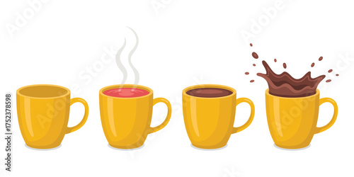 Four yellow mugs showing different stages of hot beverages