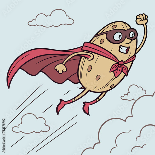 Super potato flying high in the sky with cape and mask comic style character