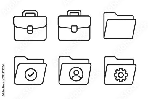 Simple business icons: briefcases and folders with symbols for office use