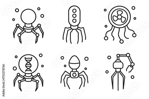 Collection of futuristic robot and nano machine icons with dna and robotic arms