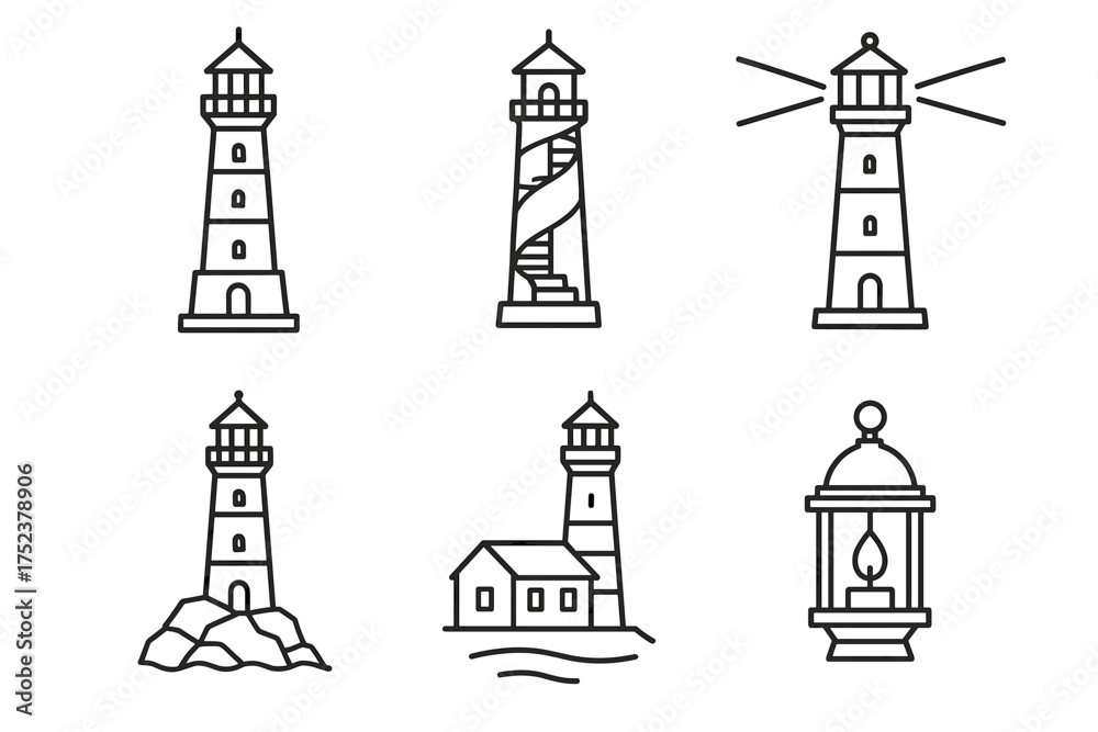 Fototapeta premium Minimalist lighthouse collection: iconic towers and lantern line art designs