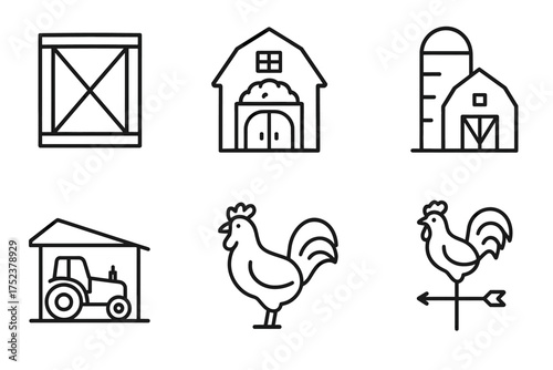 Farm icons set: barn, silo, tractor, rooster, and wind vane in simple line art