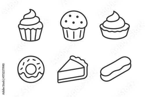 Outline icons of desserts: cupcake, muffin, tart, donut, pie, éclair
