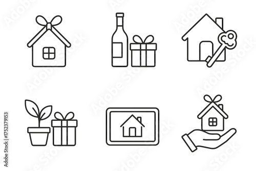 Real estate icons: home, gift, key, wine, plant, tablet, hand