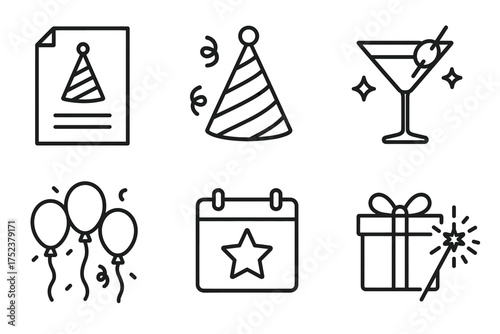 Party icons set: hat, drink, balloons, calendar, gift, sparkler