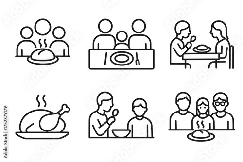 Family dining icons: meals, conversations, togetherness, cooking, relationships