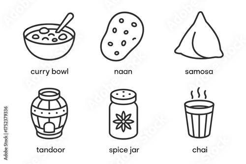 Indian cuisine icons: curry bowl, naan, samosa, tandoor, spice jar, chai