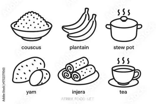 African cuisine illustration featuring couscous, plantain, yam, injera, stew pot, and tea