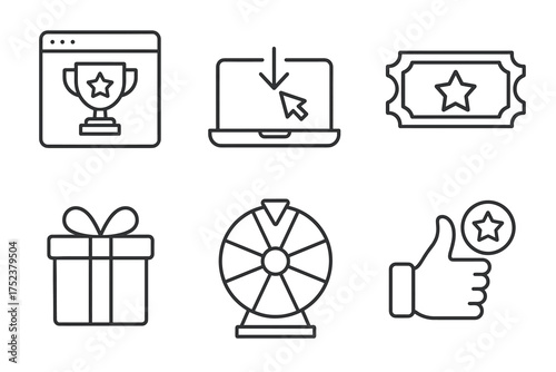 Icons of online prizes and rewards: trophy, ticket, gift, wheel, thumbs up