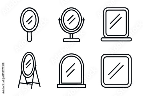 Set of six minimalist mirror icons in various shapes and styles
