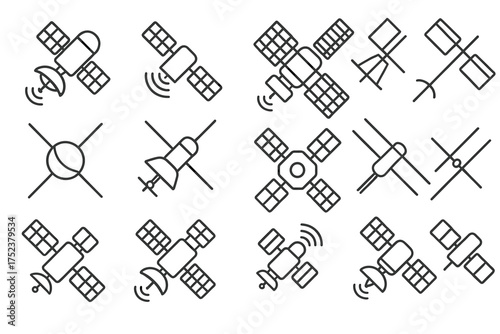 Set of satellite icons featuring various designs and communication signals