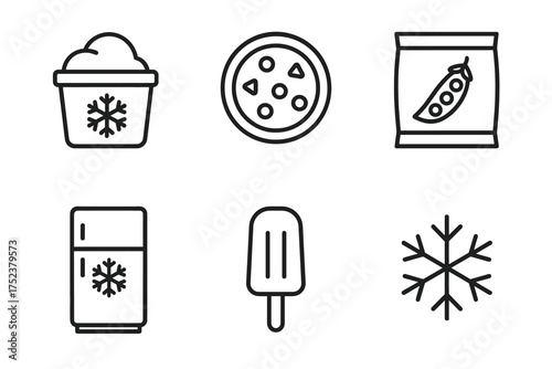 Set of icons representing frozen food items and symbols