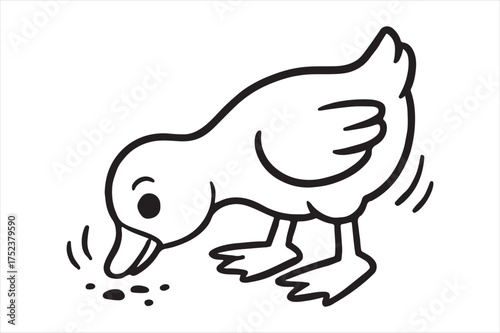 Cute duckling foraging for food outdoors silhouette a white background