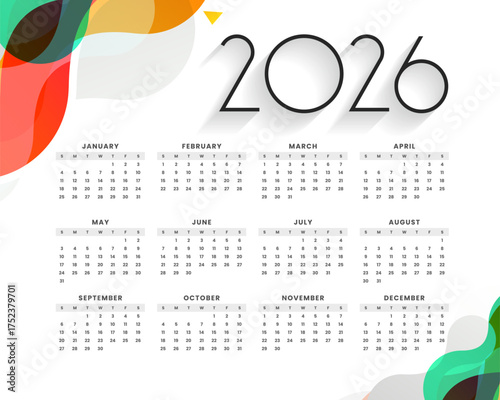 english new year 2026 calendar template in modern style