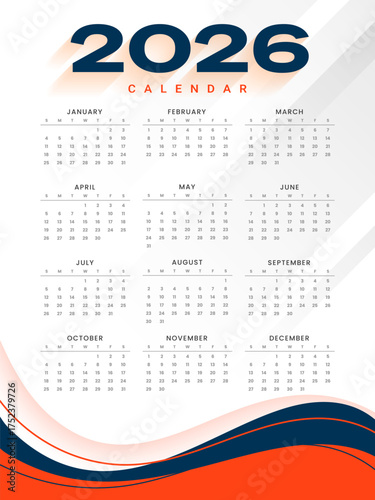 2026 new year english calendar wavy theme template