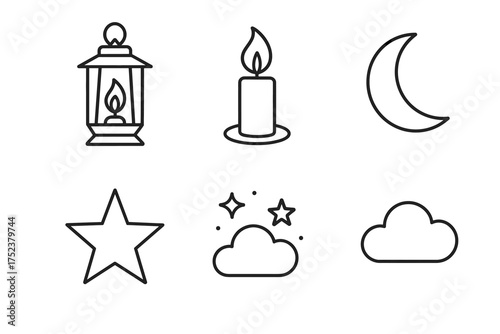 Minimalistic icons: lantern, candle, crescent moon, star, cloud, sparkles