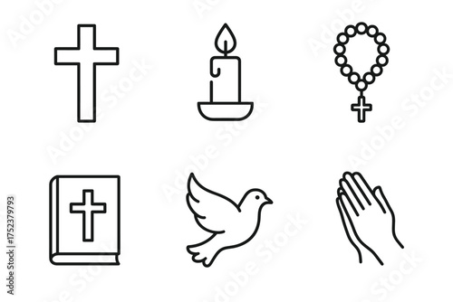 Simple christian symbols: cross, candle, rosary, bible, dove, praying hands