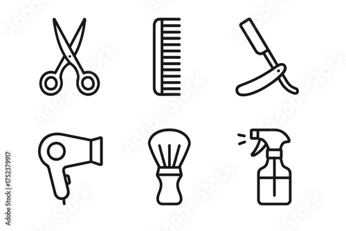 Essential barber tools: scissors, comb, razor, hairdryer, brush, spray bottle icons