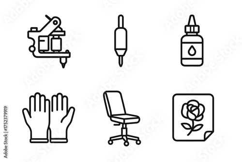 Tattoo studio tools: machine, needle, ink, gloves, chair, design sheet