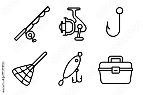 Fishing equipment icons: rod, reel, hook, net, lure, tackle box