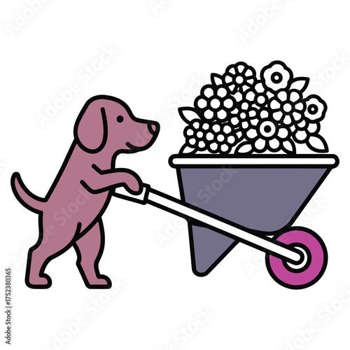 Vector art of dog pushing a wheelbarrow full of flowers