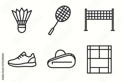 Badminton equipment and tennis gear icons: shuttlecock, racket, court, shoe, sports, net