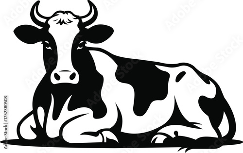 Lying down dairy cow silhouette illustration with classic holstein black and white spots, farm animal vector icon