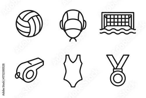Water polo icons: ball, headgear, goal, whistle, swimsuit, medal