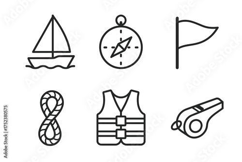 Nautical icons set: sailboat, compass, flag, rope, life vest, whistle