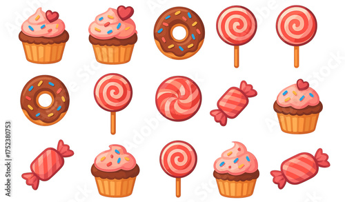 Colorful sweet pattern with cupcakes, donuts, lollipops, and candies
