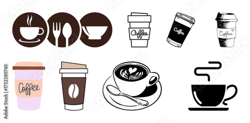 Vector set of coffee cups and mugs in doodle and sketch style with cappuccino, latte, espresso, takeaway cafe hot drinks and breakfast design