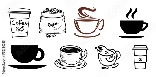 Hand drawn coffee cup vector set with doodle style mugs and tea cups, hot drink design elements for cafe, espresso, cappuccino, latte, and breakfast