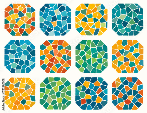 Colorful geometric mosaic pattern with blue, yellow, green, and orange tiles