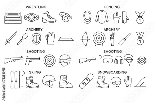 Outline icons of wrestling, fencing, archery, shooting, skiing, and snowboarding gear
