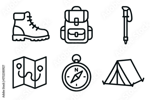 Outdoor adventure icons: boot, backpack, trekking pole, map, compass, tent