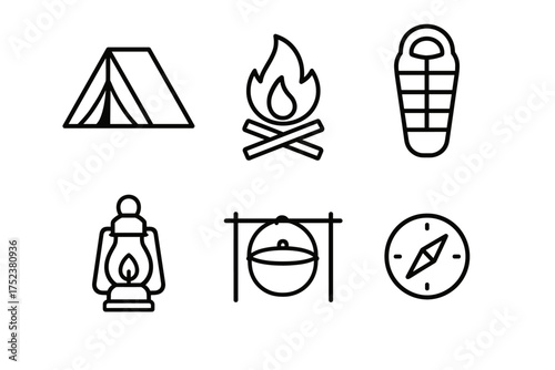 Camping essentials: tent, campfire, sleeping bag, lantern, cooking pot, compass icons