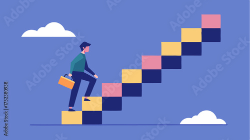 A person climbing a staircase made of building blocks illustrating the growth journey and challenges faced by startups.