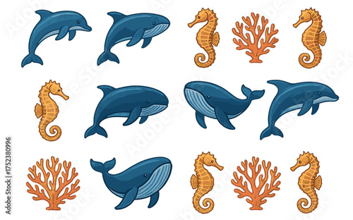 Seamless marine animal pattern with whales, dolphins, seahorses, and coral